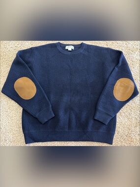 Orvis Ribbed Thick Knit Crewneck Navy Sweater w/ Tan Leather Elbow Patches, XL